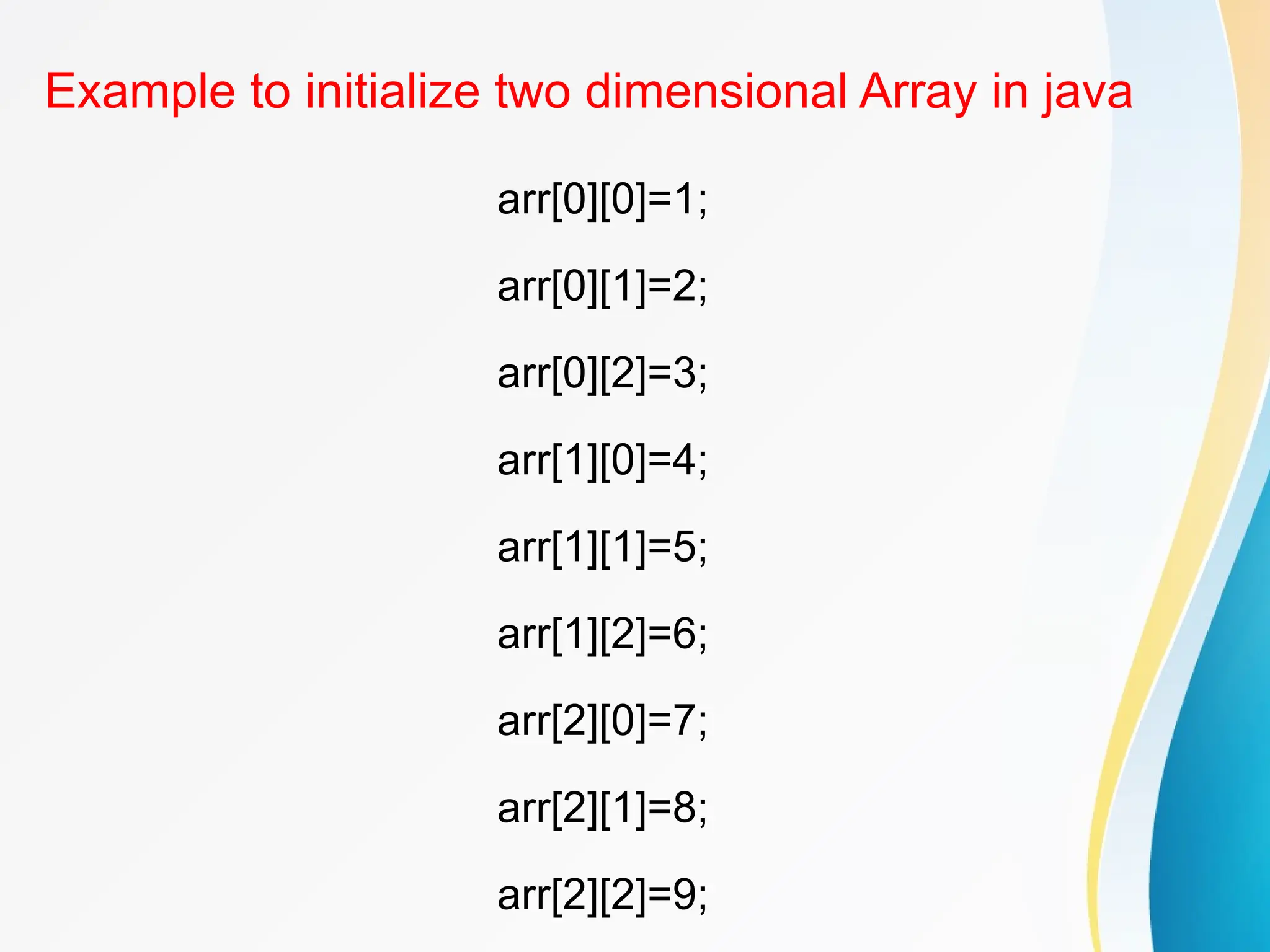 Example to initialize two dimensional Array in java
arr[0][0]=1;
arr[0][1]=2;
arr[0][2]=3;
arr[1][0]=4;
arr[1][1]=5;
arr[1][2]=6;
arr[2][0]=7;
arr[2][1]=8;
arr[2][2]=9;
 