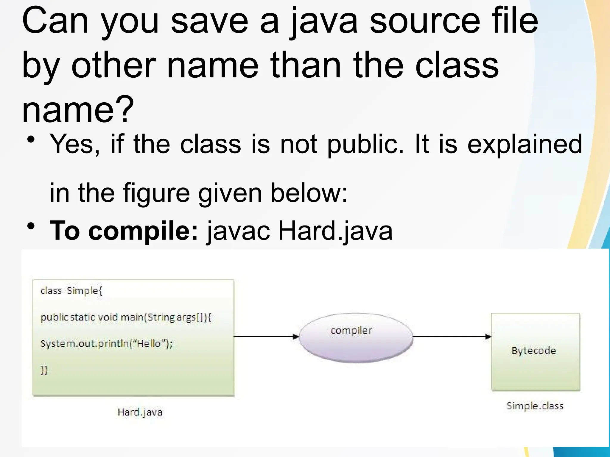 Can you save a java source file
by other name than the class
name?
• Yes, if the class is not public. It is explained
in the figure given below:
• To compile: javac Hard.java
• To execute: java Simple
 