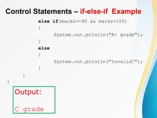 Control Statements – if-else-if Example
else if(marks>=90 && marks<100)
{
System.out.println("A+ grade");
}
else
{
System.out.println("Invalid!");
}
}
}
Output:
C grade
 