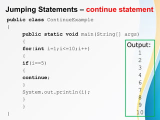 Jumping Statements – continue statement
public class ContinueExample
{
public static void main(String[] args)
{
for(int i=1;i<=10;i++)
{
if(i==5)
{
continue;
}
System.out.println(i);
}
}
}
Output:
1
2
3
4
6
7
8
9
10
 