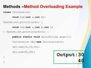 Methods –Method Overloading Example
class Calculation{
void sum(int a,int b){
System.out.println(a+b); }
void sum(int a,int b,int c)
{ System.out.println(a+b+c); }
public static void main(String args[]){
Calculation obj=new Calculation();
obj.sum(10,10,10);
obj.sum(20,20);
}
}
Output:30
40
 