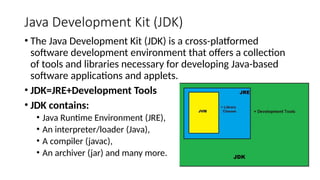 Java Development Kit (JDK)
• The Java Development Kit (JDK) is a cross-platformed
software development environment that offers a collection
of tools and libraries necessary for developing Java-based
software applications and applets.
• JDK=JRE+Development Tools
• JDK contains:
• Java Runtime Environment (JRE),
• An interpreter/loader (Java),
• A compiler (javac),
• An archiver (jar) and many more.
 