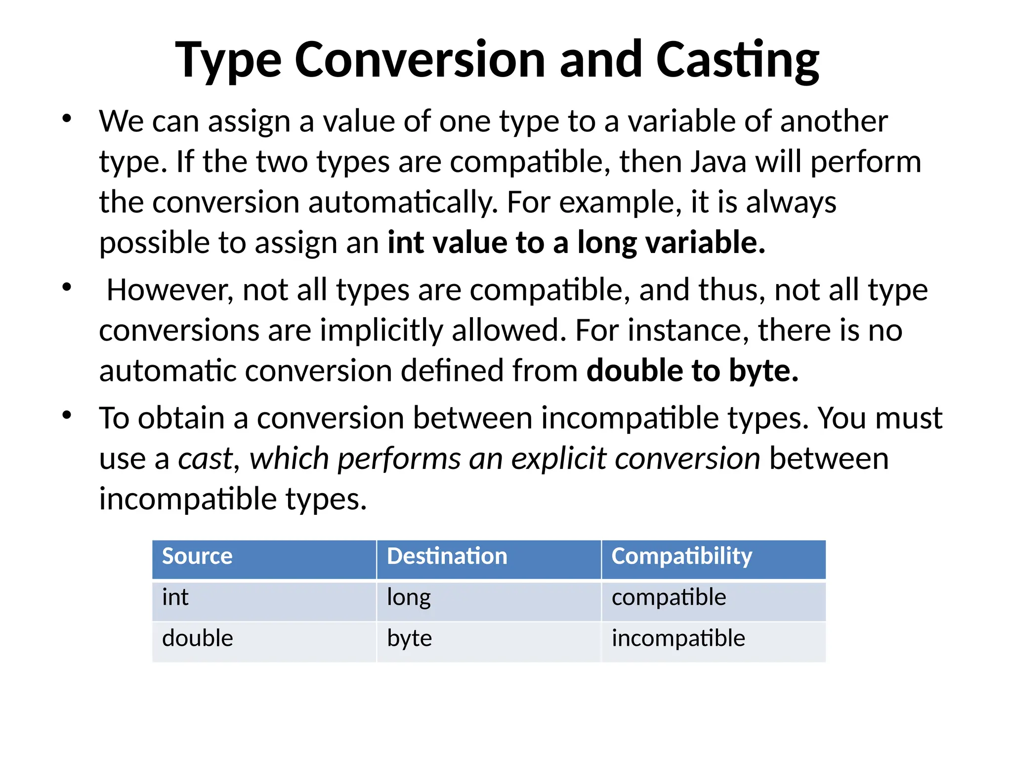 Type Conversion and Casting • We can assign a value of one type to a variable of another type. If the two types are compatible, then Java will perform the conversion automatically. For example, it is always possible to assign an int value to a long variable. • However, not all types are compatible, and thus, not all type conversions are implicitly allowed. For instance, there is no automatic conversion defined from double to byte. • To obtain a conversion between incompatible types. You must use a cast, which performs an explicit conversion between incompatible types. Source Destination Compatibility int long compatible double byte incompatible 