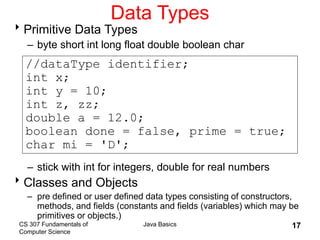 CS 307 Fundamentals of
Computer Science
Java Basics 17
Data Types
Primitive Data Types
– byte short int long float double boolean char
– stick with int for integers, double for real numbers
Classes and Objects
– pre defined or user defined data types consisting of constructors,
methods, and fields (constants and fields (variables) which may be
primitives or objects.)
//dataType identifier;
int x;
int y = 10;
int z, zz;
double a = 12.0;
boolean done = false, prime = true;
char mi = 'D';
 