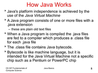 CS 307 Fundamentals of
Computer Science
Java Basics 5
How Java Works
Java's platform independence is achieved by the
use of the Java Virtual Machine
A Java program consists of one or more files with a
.java extension
– these are plain old text files
When a Java program is compiled the .java files
are fed to a compiler which produces a .class file
for each .java file
The .class file contains Java bytecode.
Bytecode is like machine language, but it is
intended for the Java Virtual Machine not a specific
chip such as a Pentium or PowerPC chip
 