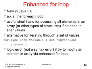 CS 307 Fundamentals of
Computer Science
Java Basics 52
Enhanced for loop
New in Java 5.0
a.k.a. the for-each loop
useful short hand for accessing all elements in an
array (or other types of structures) if no need to
alter values
alternative for iterating through a set of values
for(Type loop-variable : set-expression)
statement
logic error (not a syntax error) if try to modify an
element in array via enhanced for loop
 