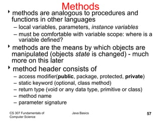 CS 307 Fundamentals of
Computer Science
Java Basics 57
Methods
methods are analogous to procedures and
functions in other languages
– local variables, parameters, instance variables
– must be comfortable with variable scope: where is a
variable defined?
methods are the means by which objects are
manipulated (objects state is changed) - much
more on this later
method header consists of
– access modifier(public, package, protected, private)
– static keyword (optional, class method)
– return type (void or any data type, primitive or class)
– method name
– parameter signature
 