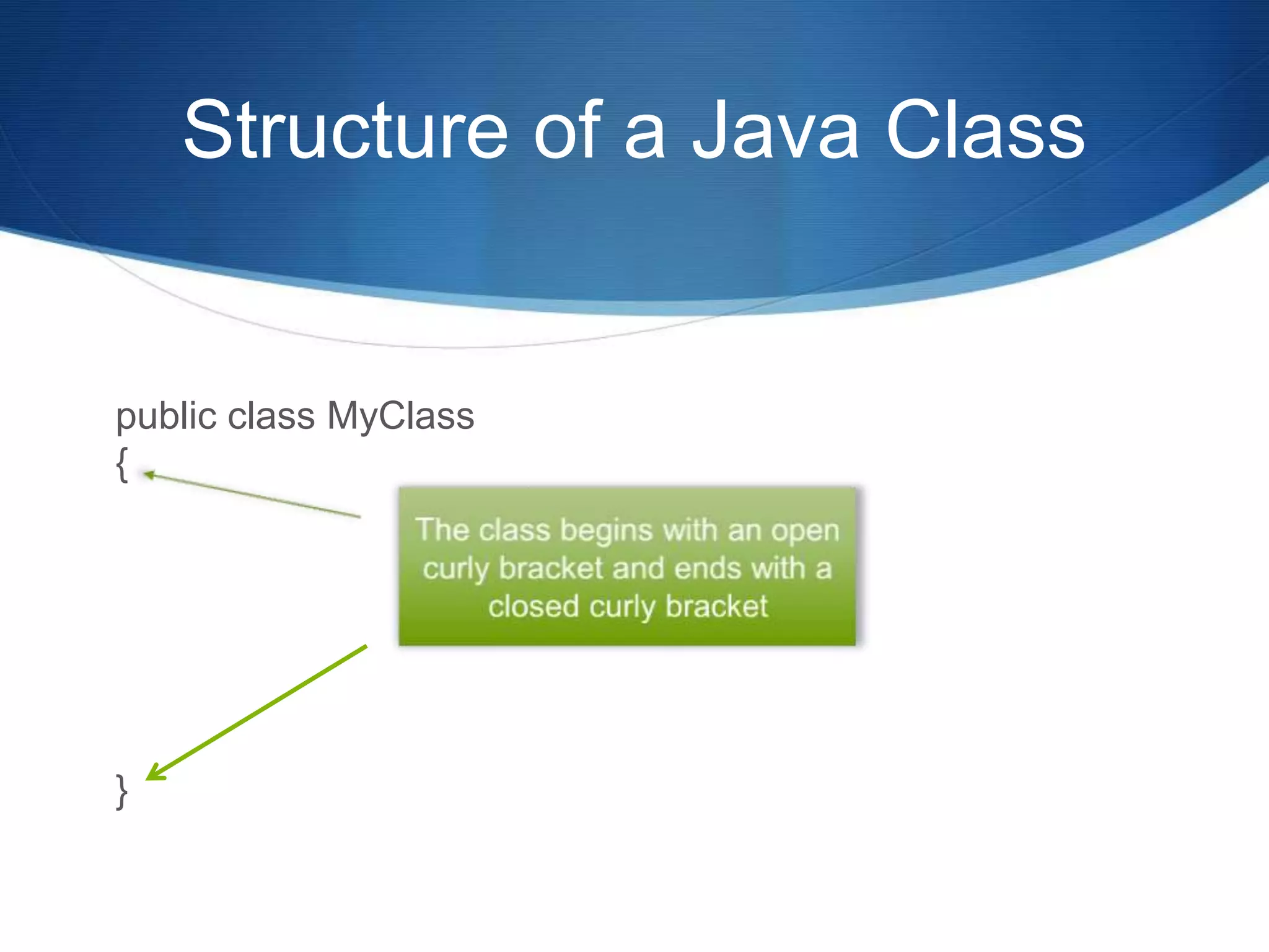 Structure of a Java Class public class MyClass { } 