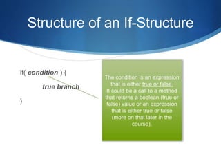 Structure of an If-Structure
if( condition ) {
true branch
}
 