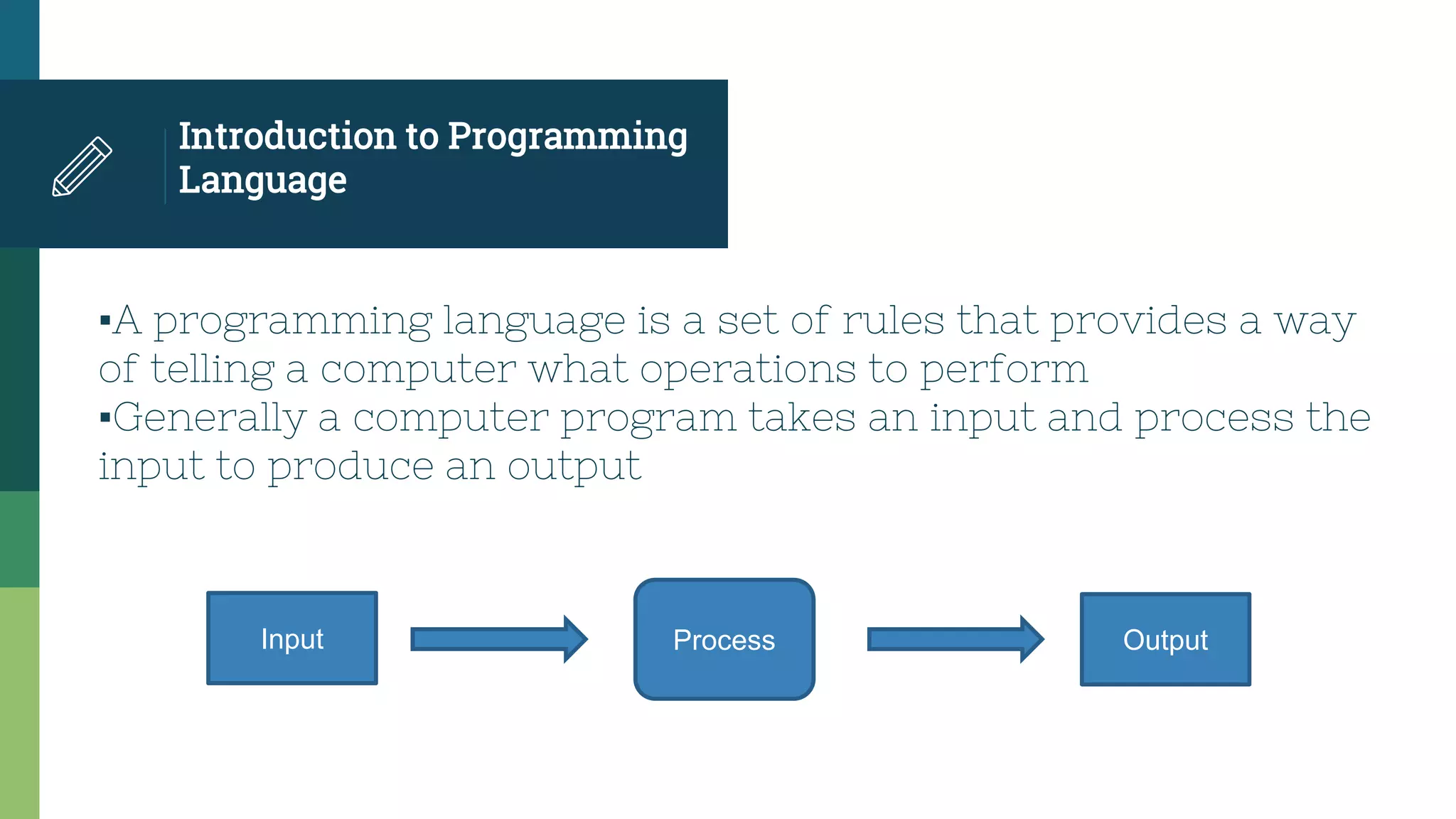 Introduction to Programming
Language
▪A programming language is a set of rules that provides a way
of telling a computer what operations to perform
▪Generally a computer program takes an input and process the
input to produce an output
Input Process Output
 