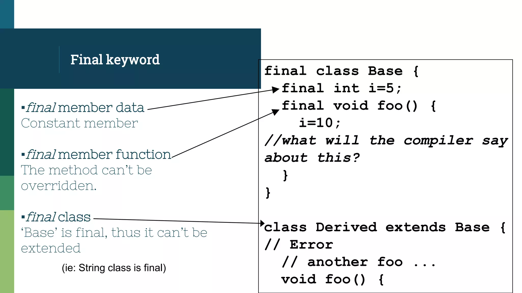 Final keyword
final class Base {
final int i=5;
final void foo() {
i=10;
//what will the compiler say
about this?
}
}
class Derived extends Base {
// Error
// another foo ...
void foo() {
▪final member data
Constant member
▪final member function
The method can’t be
overridden.
▪final class
‘Base’ is final, thus it can’t be
extended
(ie: String class is final)
 