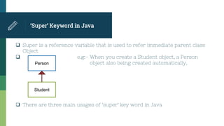 ‘Super’ Keyword in Java
 Super is a reference variable that is used to refer immediate parent class
Object
 e.g:- When you create a Student object, a Person
object also being created automatically.
 There are three main usages of ‘super’ key word in Java
Person
Student
 