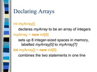 Declaring Arrays

int myArray[];
    declares myArray to be an array of integers
myArray = new int[8];
    sets up 8 integer-sized spaces in memory,
      labelled myArray[0] to myArray[7]
int myArray[] = new int[8];
    combines the two statements in one line
 