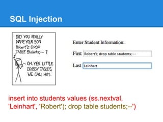 SQL Injection
insert into students values (ss.nextval,
'Leinhart', 'Robert'); drop table students;--')
 