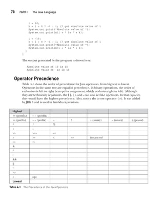 CompRef_2010 / Java The Complete Reference, Ninth Edition /Schildt / 007180 855-8
78  
PART I The Java Language
i = 10;
k = i < 0 ? -i : i; // get absolute value of i
System.out.print("Absolute value of ");
System.out.println(i + " is " + k);
i = -10;
k = i < 0 ? -i : i; // get absolute value of i
System.out.print("Absolute value of ");
System.out.println(i + " is " + k);
}
}
The output generated by the program is shown here:
Absolute value of 10 is 10
Absolute value of -10 is 10
Operator Precedence
Table 4-1 shows the order of precedence for Java operators, from highest to lowest.
Operators in the same row are equal in precedence. In binary operations, the order of
evaluation is left to right (except for assignment, which evaluates right to left). Although
they are technically separators, the [ ], ( ), and . can also act like operators. In that capacity,
they would have the highest precedence. Also, notice the arrow operator (->). It was added
by JDK 8 and is used in lambda expressions.
Table 4-1 The Precedence of the Java Operators
Highest
++ (postfix) – – (postfix)
++ (prefix) – – (prefix) ~ ! + (unary) – (unary) (type-cast)
* / %
+ –
>> >>> <<
> >= < <= instanceof
== !=
&
^
|
&&
||
?:
−>
= op=
Lowest
04-ch04.indd 78 14/02/14 4:45 PM
 