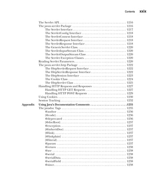 CompRef_2010 / Java The Complete Reference, Ninth Edition /Schildt / 007180 855-8
Contents   xxix
CompRef_2010 / Java The Complete Reference, Ninth Edition /Schildt / 007180 855-8
The Servlet API . . . . . . . . . . . . . . . . . . . . . . . . . . . . . . . . . . . . . . . . . . . . 1216
The javax.servlet Package . . . . . . . . . . . . . . . . . . . . . . . . . . . . . . . . . . . . 1216
The Servlet Interface . . . . . . . . . . . . . . . . . . . . . . . . . . . . . . . . . . . 1217
The ServletConfig Interface . . . . . . . . . . . . . . . . . . . . . . . . . . . . . 1218
The ServletContext Interface  . . . . . . . . . . . . . . . . . . . . . . . . . . . . 1218
The ServletRequest Interface . . . . . . . . . . . . . . . . . . . . . . . . . . . . 1218
The ServletResponse Interface . . . . . . . . . . . . . . . . . . . . . . . . . . . 1218
The GenericServlet Class . . . . . . . . . . . . . . . . . . . . . . . . . . . . . . . . 1220
The ServletInputStream Class . . . . . . . . . . . . . . . . . . . . . . . . . . . . 1220
The ServletOutputStream Class . . . . . . . . . . . . . . . . . . . . . . . . . . . 1220
The Servlet Exception Classes . . . . . . . . . . . . . . . . . . . . . . . . . . . . 1220
Reading Servlet Parameters . . . . . . . . . . . . . . . . . . . . . . . . . . . . . . . . . . 1220
The javax.servlet.http Package . . . . . . . . . . . . . . . . . . . . . . . . . . . . . . . . 1222
The HttpServletRequest Interface . . . . . . . . . . . . . . . . . . . . . . . . . 1222
The HttpServletResponse Interface  . . . . . . . . . . . . . . . . . . . . . . . 1222
The HttpSession Interface . . . . . . . . . . . . . . . . . . . . . . . . . . . . . . . 1223
The Cookie Class  . . . . . . . . . . . . . . . . . . . . . . . . . . . . . . . . . . . . . . 1224
The HttpServlet Class . . . . . . . . . . . . . . . . . . . . . . . . . . . . . . . . . . . 1225
Handling HTTP Requests and Responses . . . . . . . . . . . . . . . . . . . . . . . 1227
Handling HTTP GET Requests . . . . . . . . . . . . . . . . . . . . . . . . . . . 1227
Handling HTTP POST Requests . . . . . . . . . . . . . . . . . . . . . . . . . . 1229
Using Cookies . . . . . . . . . . . . . . . . . . . . . . . . . . . . . . . . . . . . . . . . . . . . . 1230
Session Tracking . . . . . . . . . . . . . . . . . . . . . . . . . . . . . . . . . . . . . . . . . . . 1232
Appendix Using Java’s Documentation Comments . . . . . . . . . . . . . . . . . . . . . . . 1235
The javadoc Tags . . . . . . . . . . . . . . . . . . . . . . . . . . . . . . . . . . . . . . . . . . . 1235
@author . . . . . . . . . . . . . . . . . . . . . . . . . . . . . . . . . . . . . . . . . . . . . . 1236
{@code} . . . . . . . . . . . . . . . . . . . . . . . . . . . . . . . . . . . . . . . . . . . . . . 1236
@deprecated . . . . . . . . . . . . . . . . . . . . . . . . . . . . . . . . . . . . . . . . . . 1236
{@docRoot} . . . . . . . . . . . . . . . . . . . . . . . . . . . . . . . . . . . . . . . . . . . 1237
@exception . . . . . . . . . . . . . . . . . . . . . . . . . . . . . . . . . . . . . . . . . . . 1237
{@inheritDoc} . . . . . . . . . . . . . . . . . . . . . . . . . . . . . . . . . . . . . . . . . 1237
{@link} . . . . . . . . . . . . . . . . . . . . . . . . . . . . . . . . . . . . . . . . . . . . . . . 1237
{@linkplain} . . . . . . . . . . . . . . . . . . . . . . . . . . . . . . . . . . . . . . . . . . . 1237
{@literal}  . . . . . . . . . . . . . . . . . . . . . . . . . . . . . . . . . . . . . . . . . . . . . 1237
@param . . . . . . . . . . . . . . . . . . . . . . . . . . . . . . . . . . . . . . . . . . . . . . 1237
@return . . . . . . . . . . . . . . . . . . . . . . . . . . . . . . . . . . . . . . . . . . . . . . 1238
@see . . . . . . . . . . . . . . . . . . . . . . . . . . . . . . . . . . . . . . . . . . . . . . . . . 1238
@serial . . . . . . . . . . . . . . . . . . . . . . . . . . . . . . . . . . . . . . . . . . . . . . . 1238
@serialData . . . . . . . . . . . . . . . . . . . . . . . . . . . . . . . . . . . . . . . . . . . 1238
@serialField . . . . . . . . . . . . . . . . . . . . . . . . . . . . . . . . . . . . . . . . . . . 1238
@since . . . . . . . . . . . . . . . . . . . . . . . . . . . . . . . . . . . . . . . . . . . . . . . 1238
00-FM.indd 29 19/02/14 11:45 AM
 