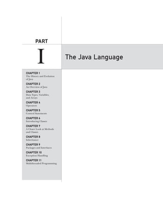 CompRef_2010 / Java The Complete Reference, Ninth Edition /Schildt / 007180 855-8 / blind folio: 1
The Java Language
PART
I
CHAPTER 1
The History and Evolution
of Java
CHAPTER 2
An Overview of Java
CHAPTER 3
Data Types, Variables,
and Arrays
CHAPTER 4
Operators
CHAPTER 5
Control Statements
CHAPTER 6
Introducing Classes
CHAPTER 7
A Closer Look at Methods
and Classes
CHAPTER 8
Inheritance
CHAPTER 9
Packages and Interfaces
CHAPTER 10
Exception Handling
CHAPTER 11
Multithreaded Programming
01-ch01.indd 1 14/02/14 4:41 PM
 