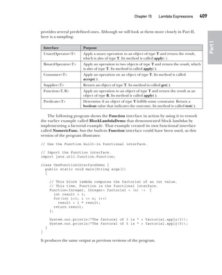 CompRef_2010 / Java The Complete Reference, Ninth Edition /Schildt / 007180 855-8
Chapter 15 Lambda Expressions   409
Part
I
provides several predefined ones. Although we will look at them more closely in Part II,
here is a sampling:
Interface Purpose
UnaryOperator<T> Apply a unary operation to an object of type T and return the result,
which is also of type T. Its method is called apply( ).
BinaryOperator<T> Apply an operation to two objects of type T and return the result, which
is also of type T. Its method is called apply( ).
Consumer<T> Apply an operation on an object of type T. Its method is called
accept( ).
Supplier<T> Return an object of type T. Its method is called get( ).
Function<T, R> Apply an operation to an object of type T and return the result as an
object of type R. Its method is called apply( ).
Predicate<T> Determine if an object of type T fulfills some constraint. Return a
boolean value that indicates the outcome. Its method is called test( ).
The following program shows the Function interface in action by using it to rework
the earlier example called BlockLambdaDemo that demonstrated block lambdas by
implementing a factorial example. That example created its own functional interface
called NumericFunc, but the built-in Function interface could have been used, as this
version of the program illustrates:
// Use the Function built-in functional interface.
// Import the Function interface.
import java.util.function.Function;
class UseFunctionInterfaceDemo {
public static void main(String args[])
{
// This block lambda computes the factorial of an int value.
// This time, Function is the functional interface.
Function<Integer, Integer> factorial = (n) -> {
int result = 1;
for(int i=1; i <= n; i++)
result = i * result;
return result;
};
System.out.println("The factoral of 3 is " + factorial.apply(3));
System.out.println("The factoral of 5 is " + factorial.apply(5));
}
}
It produces the same output as previous versions of the program.
15-ch15.indd 409 14/02/14 5:06 PM
 