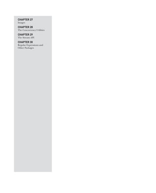 CompRef_2010 / Java The Complete Reference, Ninth Edition /Schildt / 007180 855-8
CHAPTER 27
Images
CHAPTER 28
The Concurrency Utilities
CHAPTER 29
The Stream API
CHAPTER 30
Regular Expressions and
Other Packages
16-ch16.indd 412 14/02/14 5:07 PM
 