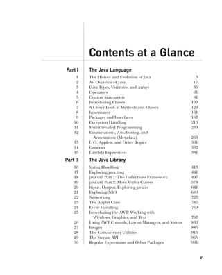 CompRef_2010 / Java The Complete Reference, Ninth Edition /Schildt / 007180 855-8
Contents at a Glance
Part I The Java Language
1 The History and Evolution of Java 3
2 An Overview of Java 17
3 Data Types, Variables, and Arrays 35
4 Operators 61
5 Control Statements 81
6 Introducing Classes 109
7 A Closer Look at Methods and Classes 129
8 Inheritance 161
9 Packages and Interfaces 187
10 Exception Handling 213
11 Multithreaded Programming 233
12 Enumerations, Autoboxing, and
		  Annotations (Metadata) 263
13 I/O, Applets, and Other Topics 301
14 Generics 337
15 Lambda Expressions 381
Part II The Java Library
16 String Handling 413
17 Exploring java.lang 441
18 java.util Part 1: The Collections Framework 497
19 java.util Part 2: More Utility Classes 579
20 Input/Output: Exploring java.io 641
21 Exploring NIO 689
22 Networking 727
23 The Applet Class 747
24 Event Handling 769
25 Introducing the AWT: Working with
		  Windows, Graphics, and Text 797
26 Using AWT Controls, Layout Managers, and Menus 833
27 Images 885
28 The Concurrency Utilities 915
29 The Stream API 965
30 Regular Expressions and Other Packages 991
v
00-FM.indd 5 19/02/14 11:45 AM
 
