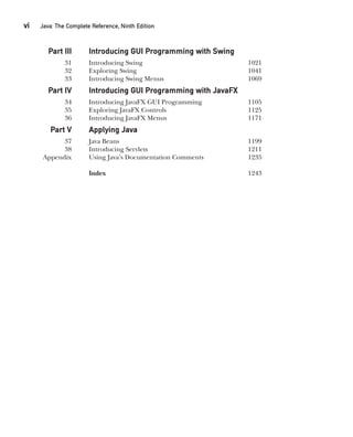 CompRef_2010 / Java The Complete Reference, Ninth Edition /Schildt / 007180 855-8
vi  
Java: The Complete Reference, Ninth Edition
Part III Introducing GUI Programming with Swing
31 Introducing Swing 1021
32 Exploring Swing 1041
33 Introducing Swing Menus 1069
Part IV Introducing GUI Programming with JavaFX
34 Introducing JavaFX GUI Programming 1105
35 Exploring JavaFX Controls 1125
36 Introducing JavaFX Menus 1171
Part V Applying Java
37 Java Beans 1199
38 Introducing Servlets 1211
Appendix Using Java’s Documentation Comments 1235
		
Index 1243
00-FM.indd 6 19/02/14 11:45 AM
 