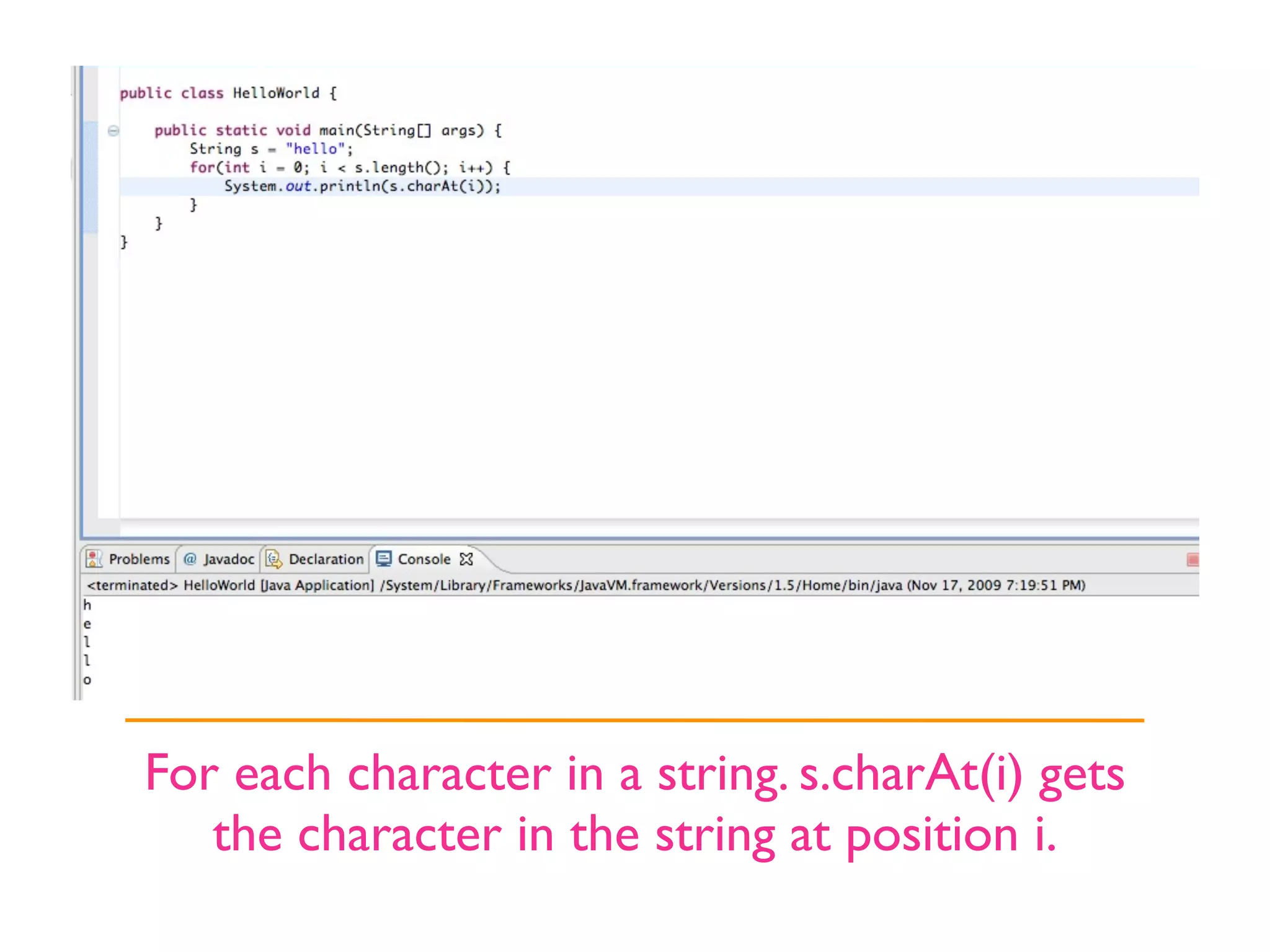 For each character in a string. s.charAt(i) gets
   the character in the string at position i.
 