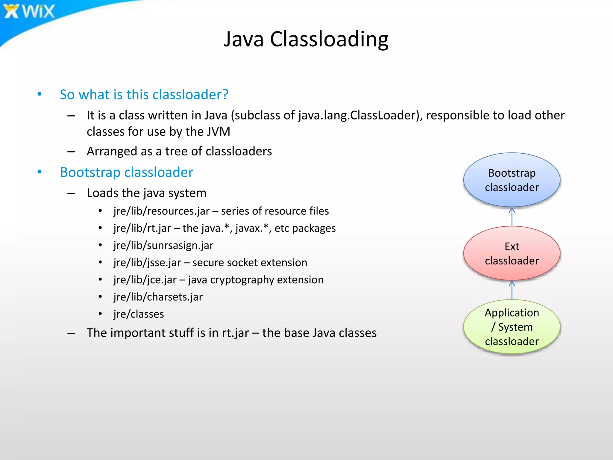 Java Classloading
• So what is this classloader?
– It is a class written in Java (subclass of java.lang.ClassLoader), responsible to load other
classes for use by the JVM
– Arranged as a tree of classloaders
• Bootstrap classloader
– Loads the java system
• jre/lib/resources.jar – series of resource files
• jre/lib/rt.jar – the java.*, javax.*, etc packages
• jre/lib/sunrsasign.jar
• jre/lib/jsse.jar – secure socket extension
• jre/lib/jce.jar – java cryptography extension
• jre/lib/charsets.jar
• jre/classes
– The important stuff is in rt.jar – the base Java classes
Bootstrap
classloader
Ext
classloader
Application
/ System
classloader
 