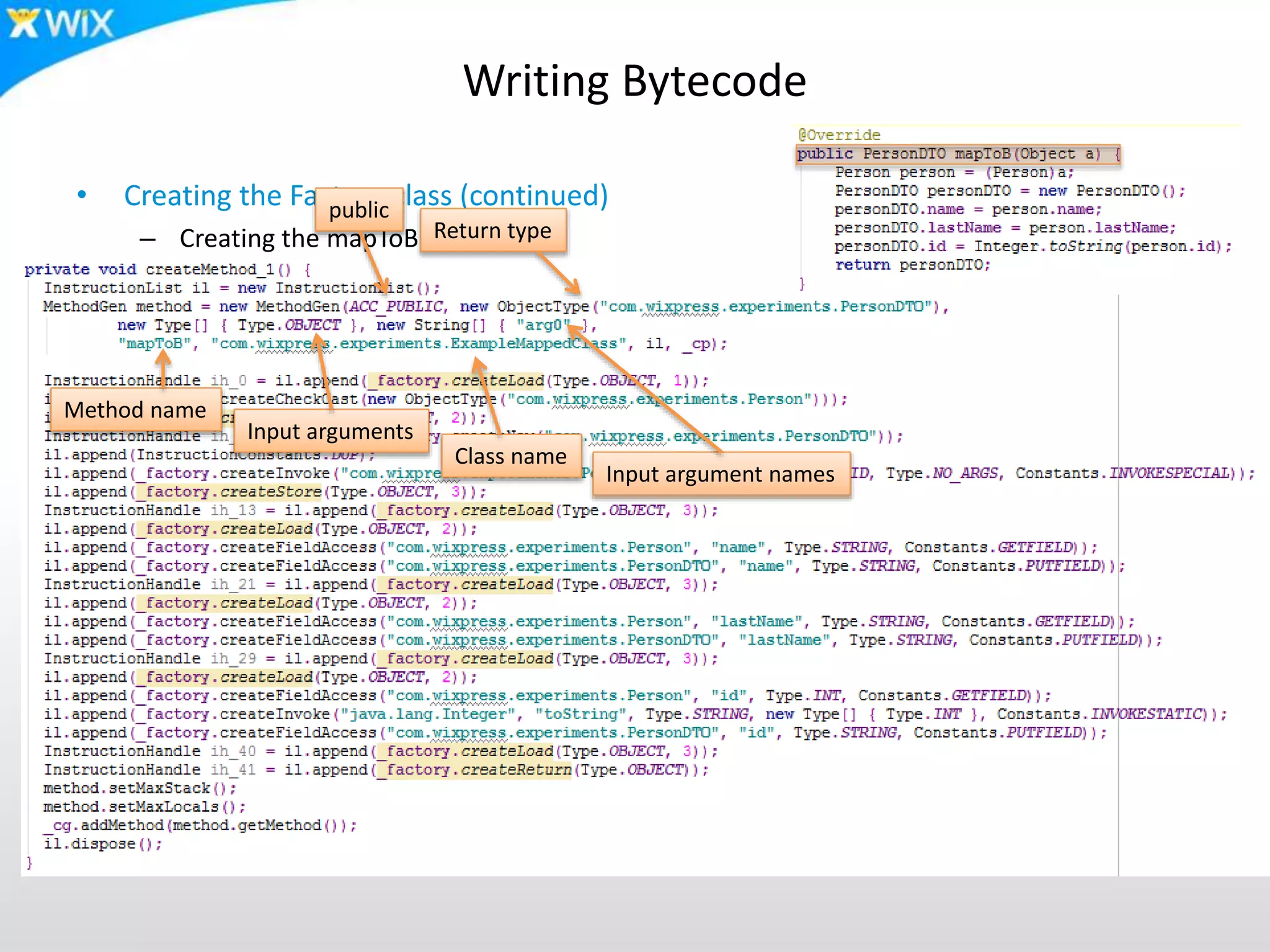 Writing Bytecode
• Creating the Factory class (continued)
– Creating the mapToB method
public
Return type
Input arguments
Input argument names
Method name
Class name
 