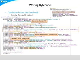 Writing Bytecode
• Creating the Factory class (continued)
– Creating the mapToB method
Store the result as Object 3
Create new PersonDTO
Invoke the personDTO constructor
 