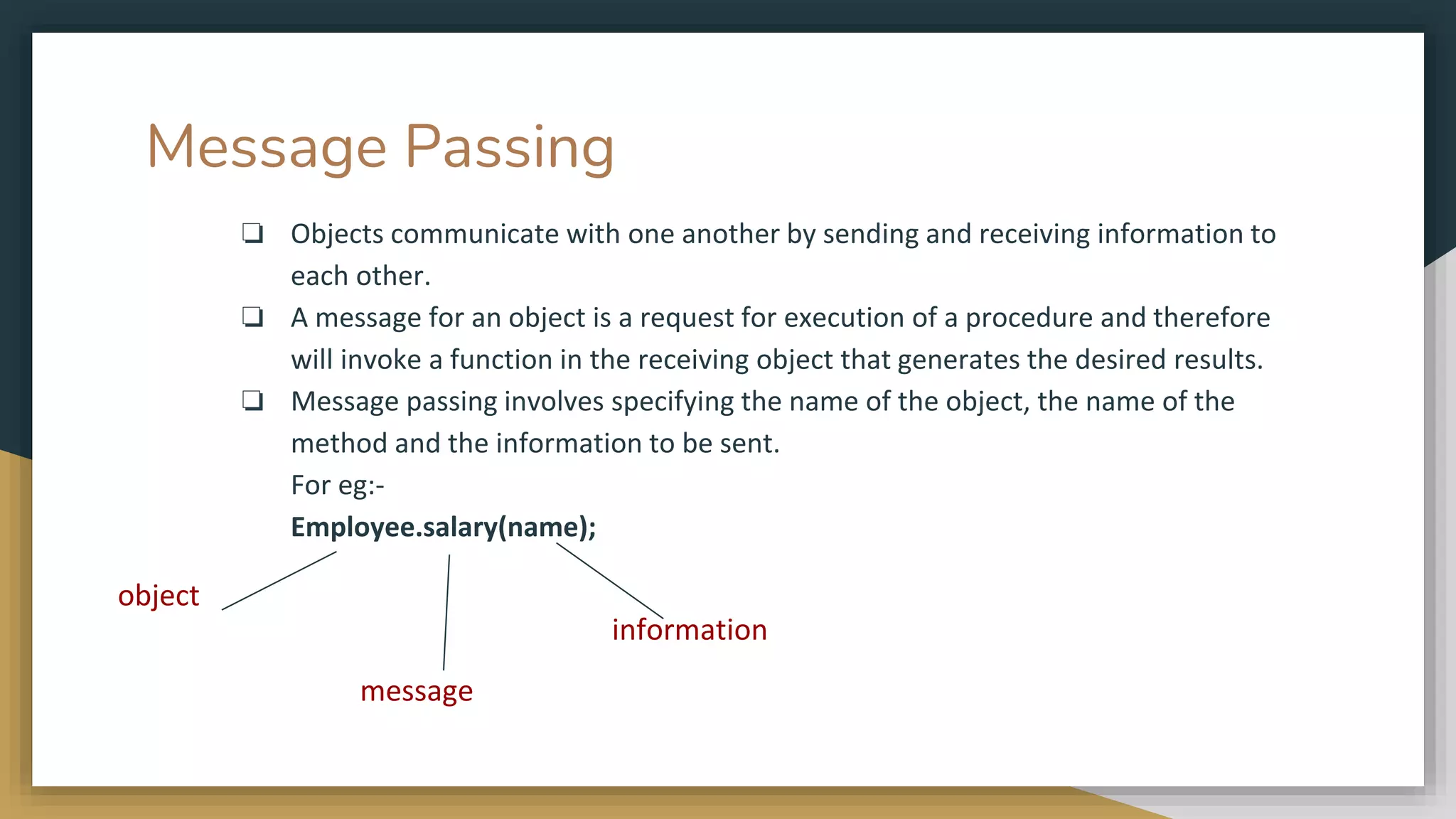 Message Passing
❏ Objects communicate with one another by sending and receiving information to
each other.
❏ A message for an object is a request for execution of a procedure and therefore
will invoke a function in the receiving object that generates the desired results.
❏ Message passing involves specifying the name of the object, the name of the
method and the information to be sent.
For eg:-
Employee.salary(name);
object
message
information
 