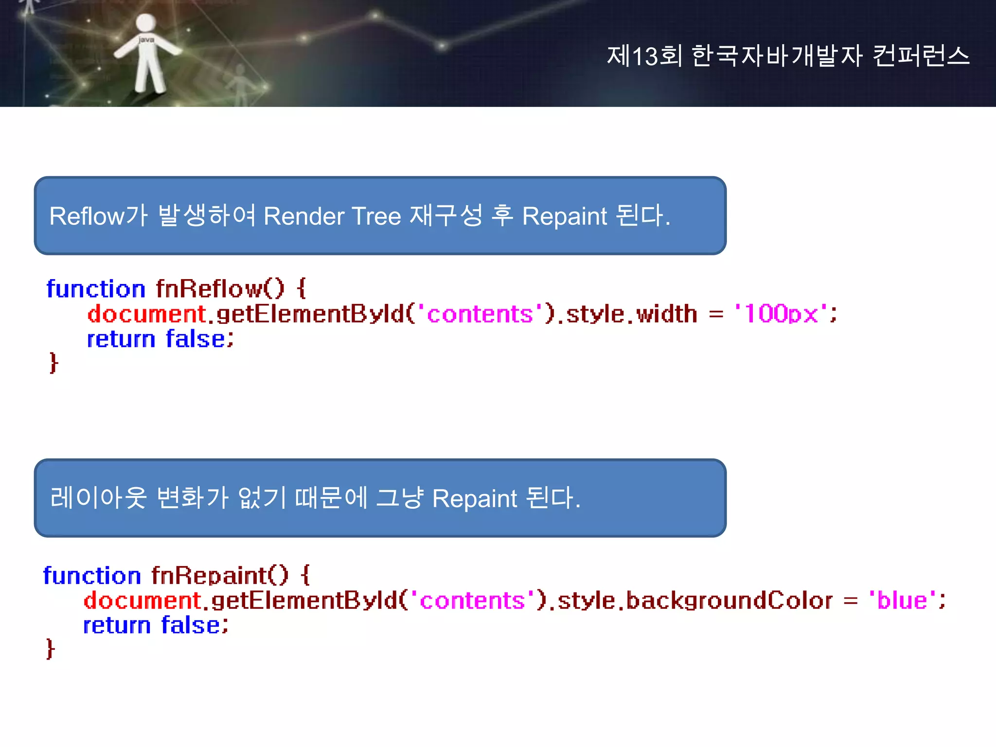 제13회 한국자바개발자 컨퍼런스




Reflow가 발생하여 Render Tree 재구성 후 Repaint 된다.




레이아웃 변화가 없기 때문에 그냥 Repaint 된다.
 