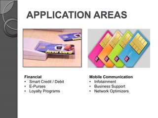 APPLICATION AREAS

Financial
• Smart Credit / Debit
• E-Purses
• Loyalty Programs

Mobile Communication
• Infotainment
• Business Support
• Network Optimizers

 