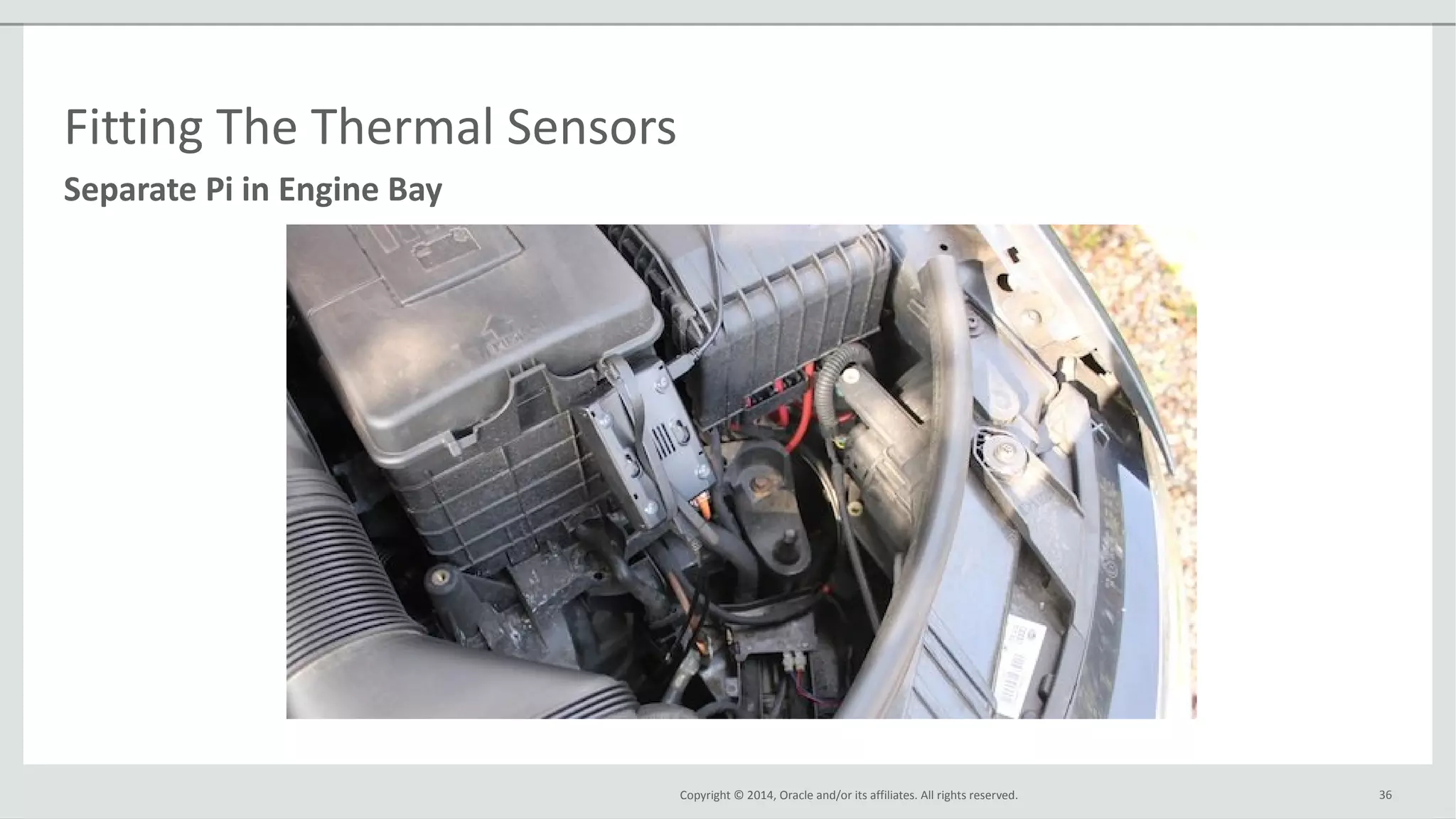 Copyright © 2014, Oracle and/or its affiliates. All rights reserved. 36
Separate Pi in Engine Bay
Fitting The Thermal Sensors
 