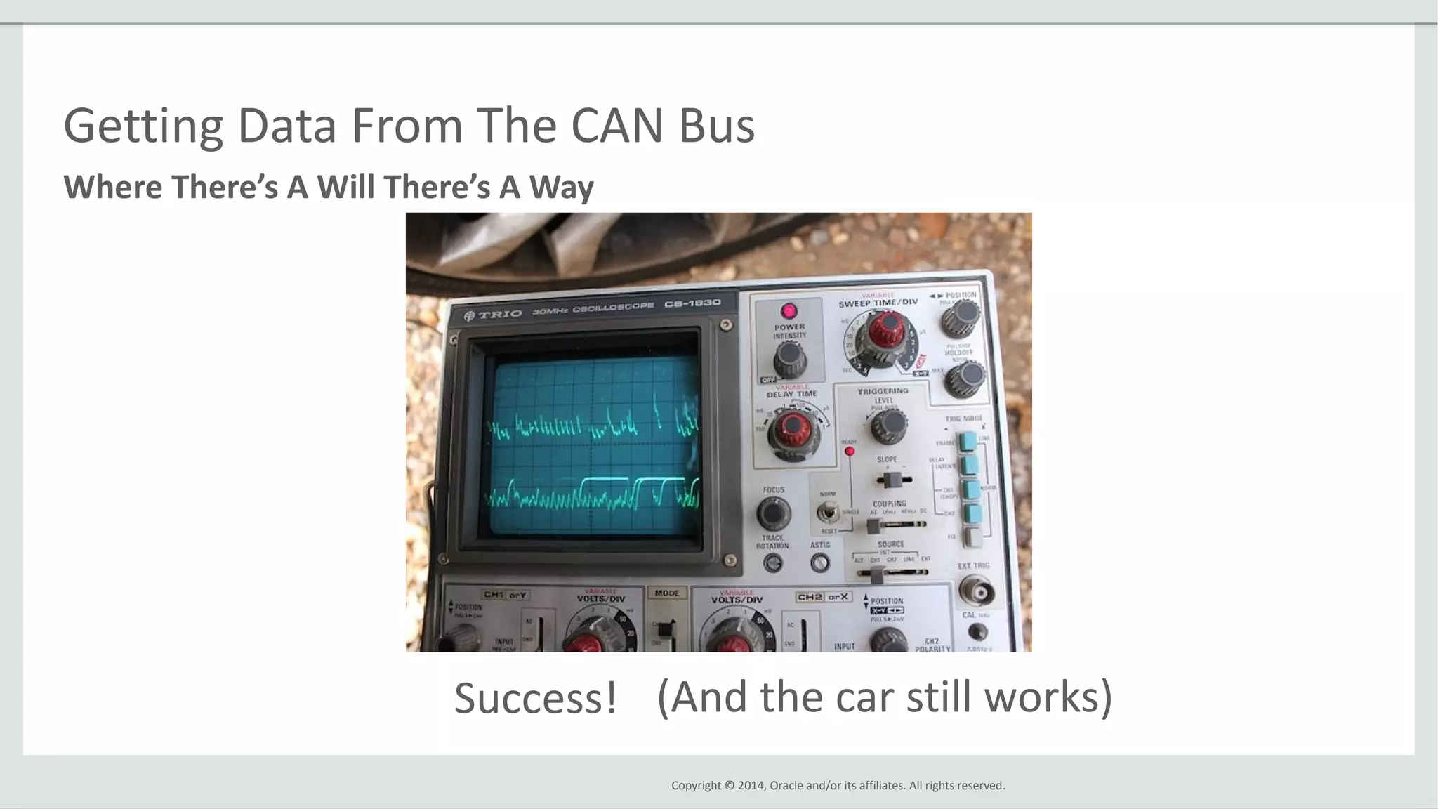 Copyright © 2014, Oracle and/or its affiliates. All rights reserved.
Where There’s A Will There’s A Way
Getting Data From The CAN Bus
Success! (And the car still works)
 