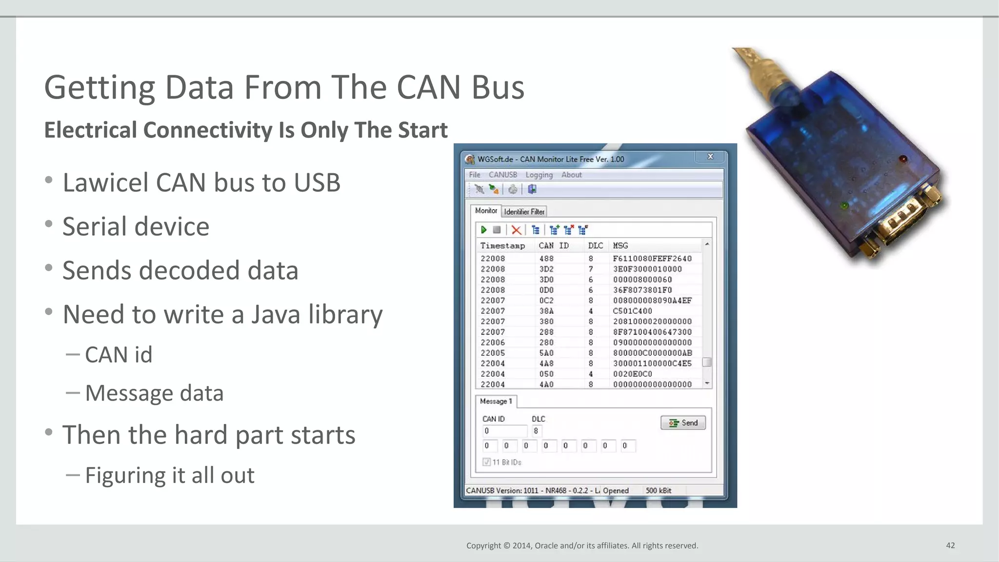Copyright © 2014, Oracle and/or its affiliates. All rights reserved.
Getting Data From The CAN Bus
• Lawicel CAN bus to USB
• Serial device
• Sends decoded data
• Need to write a Java library
– CAN id
– Message data
• Then the hard part starts
– Figuring it all out
42
Electrical Connectivity Is Only The Start
 