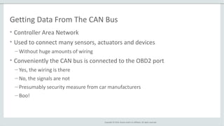 Copyright © 2014, Oracle and/or its affiliates. All rights reserved.
Getting Data From The CAN Bus
• Controller Area Network
• Used to connect many sensors, actuators and devices
– Without huge amounts of wiring
• Conveniently the CAN bus is connected to the OBD2 port
– Yes, the wiring is there
– No, the signals are not
– Presumably security measure from car manufacturers
– Boo!
 