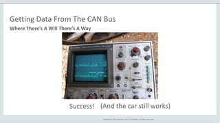 Copyright © 2014, Oracle and/or its affiliates. All rights reserved.
Where There’s A Will There’s A Way
Getting Data From The CAN Bus
Success! (And the car still works)
 