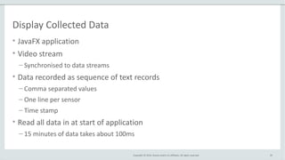 Copyright © 2014, Oracle and/or its affiliates. All rights reserved.
Display Collected Data
• JavaFX application
• Video stream
– Synchronised to data streams
• Data recorded as sequence of text records
– Comma separated values
– One line per sensor
– Time stamp
• Read all data in at start of application
– 15 minutes of data takes about 100ms
45
 