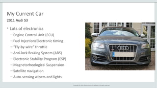 Copyright © 2014, Oracle and/or its affiliates. All rights reserved.
My Current Car
• Lots of electronics
– Engine Control Unit (ECU)
– Fuel Injection/Electronic timing
– “Fly-by-wire” throttle
– Anti-lock Braking System (ABS)
– Electronic Stability Program (ESP)
– Magnetorheological Suspension
– Satellite navigation
– Auto-sensing wipers and lights
2011 Audi S3
 