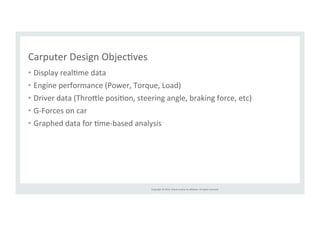 Copyright 
© 
2014, 
Oracle 
and/or 
its 
affiliates. 
All 
rights 
reserved. 
Carputer 
Design 
ObjecRves 
• Display 
realRme 
data 
• Engine 
performance 
(Power, 
Torque, 
Load) 
• Driver 
data 
(Thro>le 
posiRon, 
steering 
angle, 
braking 
force, 
etc) 
• G-­‐Forces 
on 
car 
• Graphed 
data 
for 
Rme-­‐based 
analysis 
 