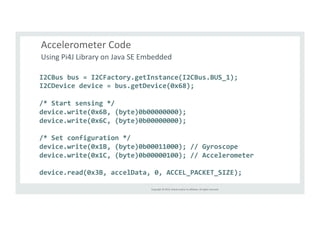 Accelerometer 
Code 
Using 
Pi4J 
Library 
on 
Java 
SE 
Embedded 
I2CBus 
bus 
= 
I2CFactory.getInstance(I2CBus.BUS_1); 
I2CDevice 
device 
= 
bus.getDevice(0x68); 
/* 
Start 
sensing 
*/ 
device.write(0x6B, 
(byte)0b00000000); 
device.write(0x6C, 
(byte)0b00000000); 
/* 
Set 
configuration 
*/ 
device.write(0x1B, 
(byte)0b00011000); 
// 
Gyroscope 
device.write(0x1C, 
(byte)0b00000100); 
// 
Accelerometer 
device.read(0x3B, 
accelData, 
0, 
ACCEL_PACKET_SIZE); 
Copyright 
© 
2014, 
Oracle 
and/or 
its 
affiliates. 
All 
rights 
reserved. 
 