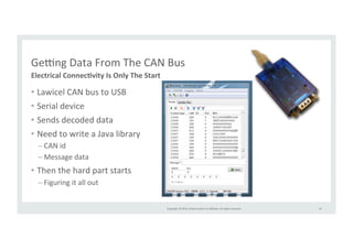 Geing 
Data 
From 
The 
CAN 
Bus 
Copyright 
© 
2014, 
Oracle 
and/or 
its 
affiliates. 
All 
rights 
reserved. 
• Lawicel 
CAN 
bus 
to 
USB 
• Serial 
device 
• Sends 
decoded 
data 
• Need 
to 
write 
a 
Java 
library 
– CAN 
id 
– Message 
data 
• Then 
the 
hard 
part 
starts 
– Figuring 
it 
all 
out 
47 
Electrical 
Connec>vity 
Is 
Only 
The 
Start 
 