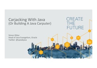 Carjacking 
With 
Java 
(Or 
Building 
A 
Java 
Carputer) 
Simon 
Ri>er 
Head 
of 
Java 
Evangelism, 
Oracle 
Twi>er: 
@speakjava 
Copyright 
© 
2014, 
Oracle 
and/or 
its 
affiliates. 
All 
rights 
reserved. 
