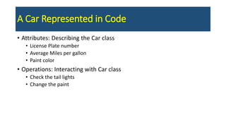A Car Represented in Code
• Attributes: Describing the Car class
• License Plate number
• Average Miles per gallon
• Paint color
• Operations: Interacting with Car class
• Check the tail lights
• Change the paint
 