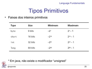 Language Fundamentals


                  Tipos Primitivos
• Faixas dos inteiros primitivos




  * Em java, não existe o modificador “unsigned”
  @regismelo                                                  25
 