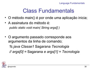 Language Fundamentals


              Class Fundamentals
• O método main() é por onde uma aplicação inicia;
• A assinatura do método é:
   public static void main( String args[] )


• O argumento passado corresponde aos
  argumentos da linha de comando;
   % java Classe1 Sagarana Tecnologia
   // args[0] = Sagarana e args[1] = Tecnologia


 @regismelo                                                   38
 