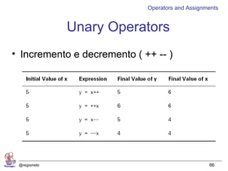 Operators and Assignments


              Unary Operators
• Incremento e decremento ( ++ -- )




 @regismelo                                       66
 