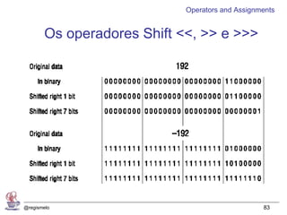 Operators and Assignments


       Os operadores Shift <<, >> e >>>




@regismelo                                       83
 