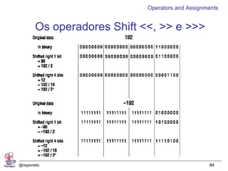 Operators and Assignments


       Os operadores Shift <<, >> e >>>




@regismelo                                       84
 