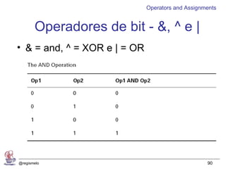 Operators and Assignments


       Operadores de bit - &, ^ e |
• & = and, ^ = XOR e | = OR




@regismelo                                         90
 